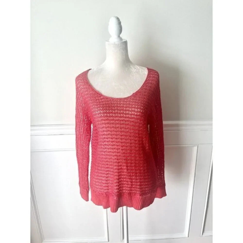 209 Tomato Red Open Knit Boatneck Sweater L